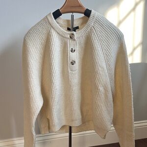 Forever 21 Cream Ribbed Crewneck Sweater with Button Placket